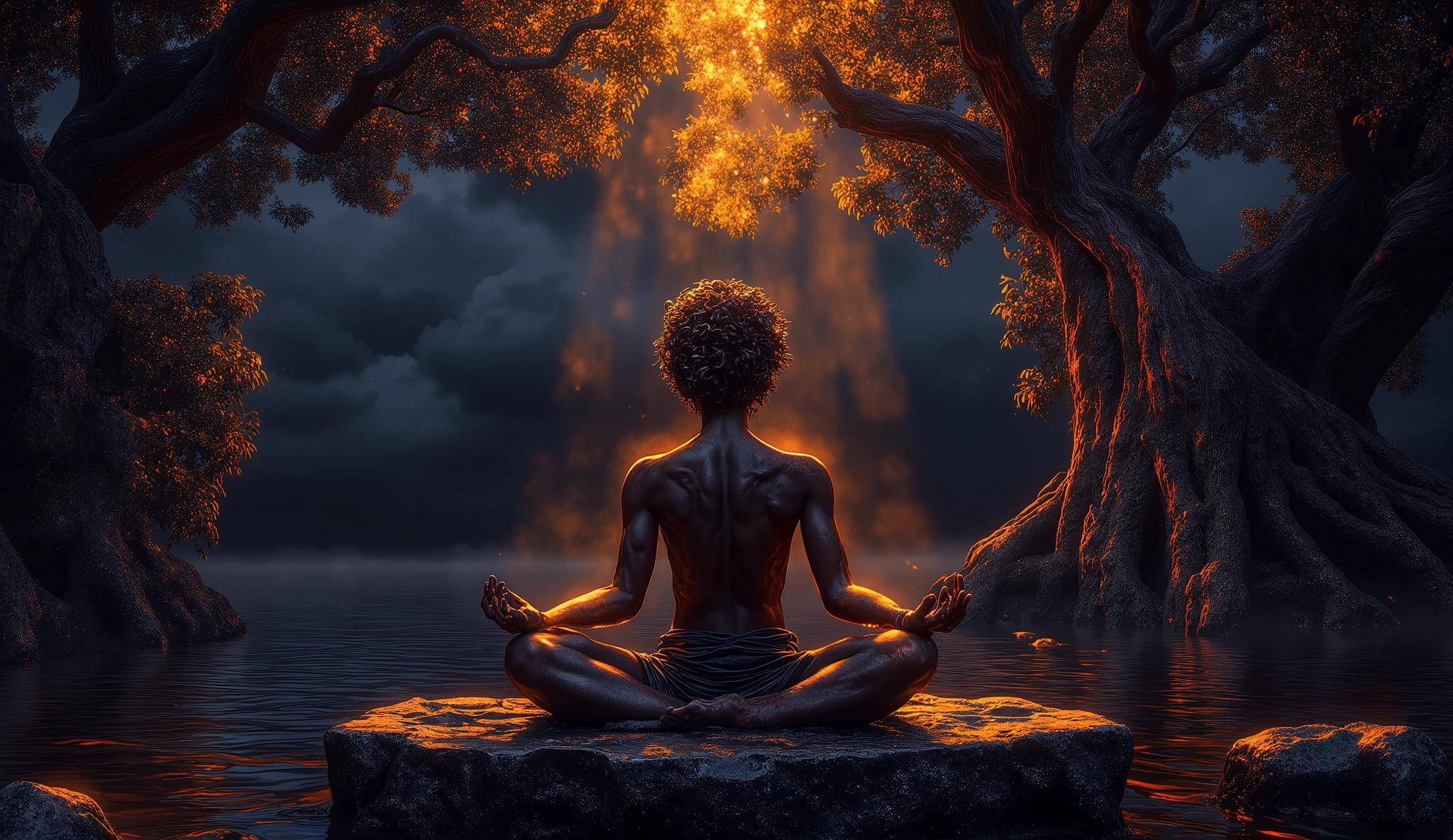 "Depict Dhruva, a young Indian boy, in extreme penance, now emaciated yet glowing with divine energy. His hair curly and longer, his eyes closed in profound meditation. He is seated on a stone platform, still under the same Banyan tree, but now the energy around him has intensified. The sky has turned dark, with storm clouds gathering, and a mystical golden light emanates from Dhruva's body. The ground trembles subtly with small ripples in the river, symbolizing cosmic disturbance. The trees sway with a supernatural wind, and glowing particles of spiritual energy fill the air. The entire scene should feel powerful, mystical, and cinematic, reflecting the disturbance caused by his unmatched devotion."