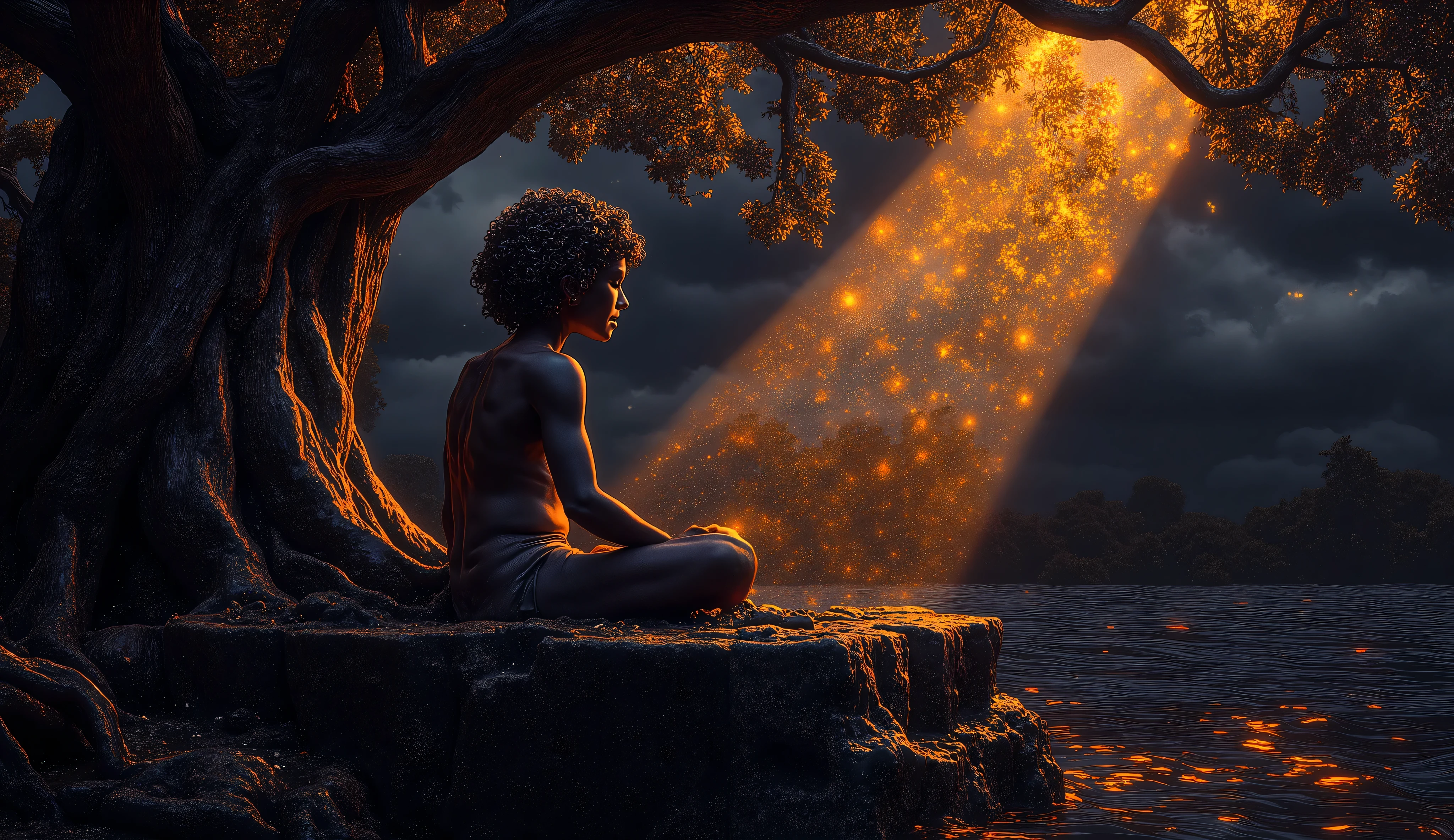 "Depict Dhruva, a young Indian boy, in extreme penance, now emaciated yet glowing with divine energy. His hair curly and longer, his eyes closed in profound meditation. He is seated on a stone platform, still under the same Banyan tree, but now the energy around him has intensified. The sky has turned dark, with storm clouds gathering, and a mystical golden light emanates from Dhruva's body. The ground trembles subtly with small ripples in the river, symbolizing cosmic disturbance. The trees sway with a supernatural wind, and glowing particles of spiritual energy fill the air. The entire scene should feel powerful, mystical, and cinematic, reflecting the disturbance caused by his unmatched devotion."