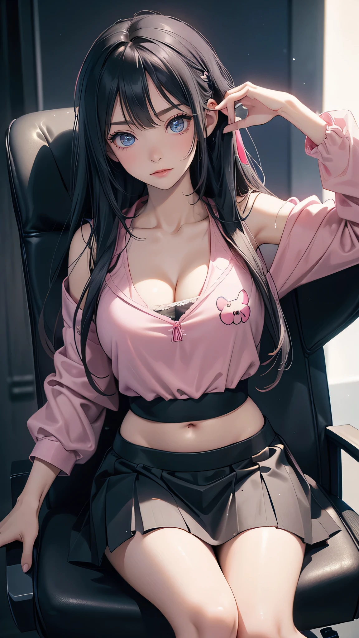 This image is、A very attractive and detailed portrait of a woman.。Below is the detailed prompt for the image。

--- In the center of this image、A young woman is depicted。Her appearance is very impressive、What really catches your eye are her bright yellow eyes.。The eyes emit a strong light、It gives her a mysterious and sharp look.。The contours of her face are soft、Skin is smooth and has a healthy glow。

Her hair is black、Place々Has purple highlights。Long hair、It flows naturally like waves.。Some of her hair hangs down the side of her face.、Overall, the casual style is emphasized。Her attire is casual and、She is wearing a purple tank top and a mini skirt.。This outfit reflects her stylish and contemporary taste.。

She has a tattoo on her arm、There is a large design on the left arm.。The tattoo is carefully drawn in detail.、Emphasizes her personality。Also、There is a small tattoo on his right arm.。She has a black choker around her neck.、The pendant hangs。This accessory adds an edgy element to her overall look.。

She is sitting with her head slightly tilted forward.、The gaze is fixed straight ahead。Although his facial expression is calm,、Gives a confident impression。The background around her is simple.、Designed so that the focus is entirely on her。The background is a light grey color.、It brings out her vibrant colors。

Overall、This image is very detailed.、Character personality and style are emphasized。Her unique fashion sense and tattoos、It brings out her strong personality and modern appeal.。It is a work that perfectly combines modern and artistic elements that users love.。