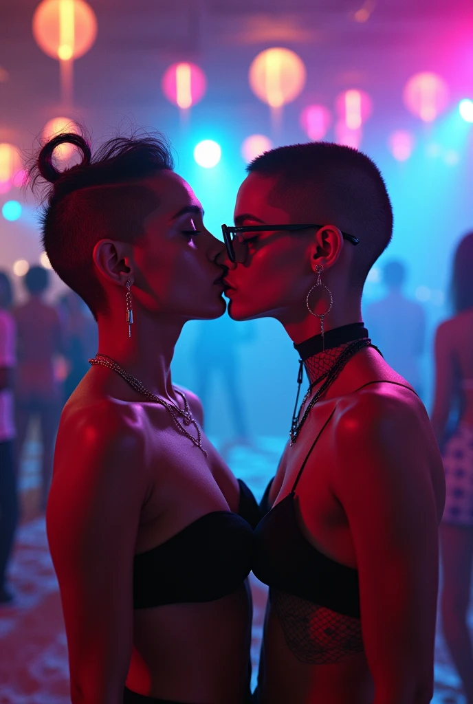 a staged rap battle battle between 2 women with mics , detailed facial features, detailed skin, detailed clothing, dynamic poses, intense expressions, urban city background, neon lights, cinematic lighting, vibrant colors, high contrast, gritty, street art style, hyper realistic, 8k, best quality, masterpiece