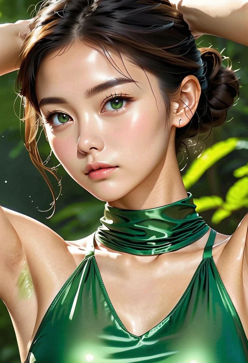Close-up of woman wearing green dress and necklace, Artwork in the style of gouache, Realistic 3D anime style, beautiful anime pictures, Realistic anime style, Detailed picture of anime girl, beautiful character drawings, By Yang J, Beautiful anime face images, Realistic anime style, Portrait of an anime girl, beautiful anime style