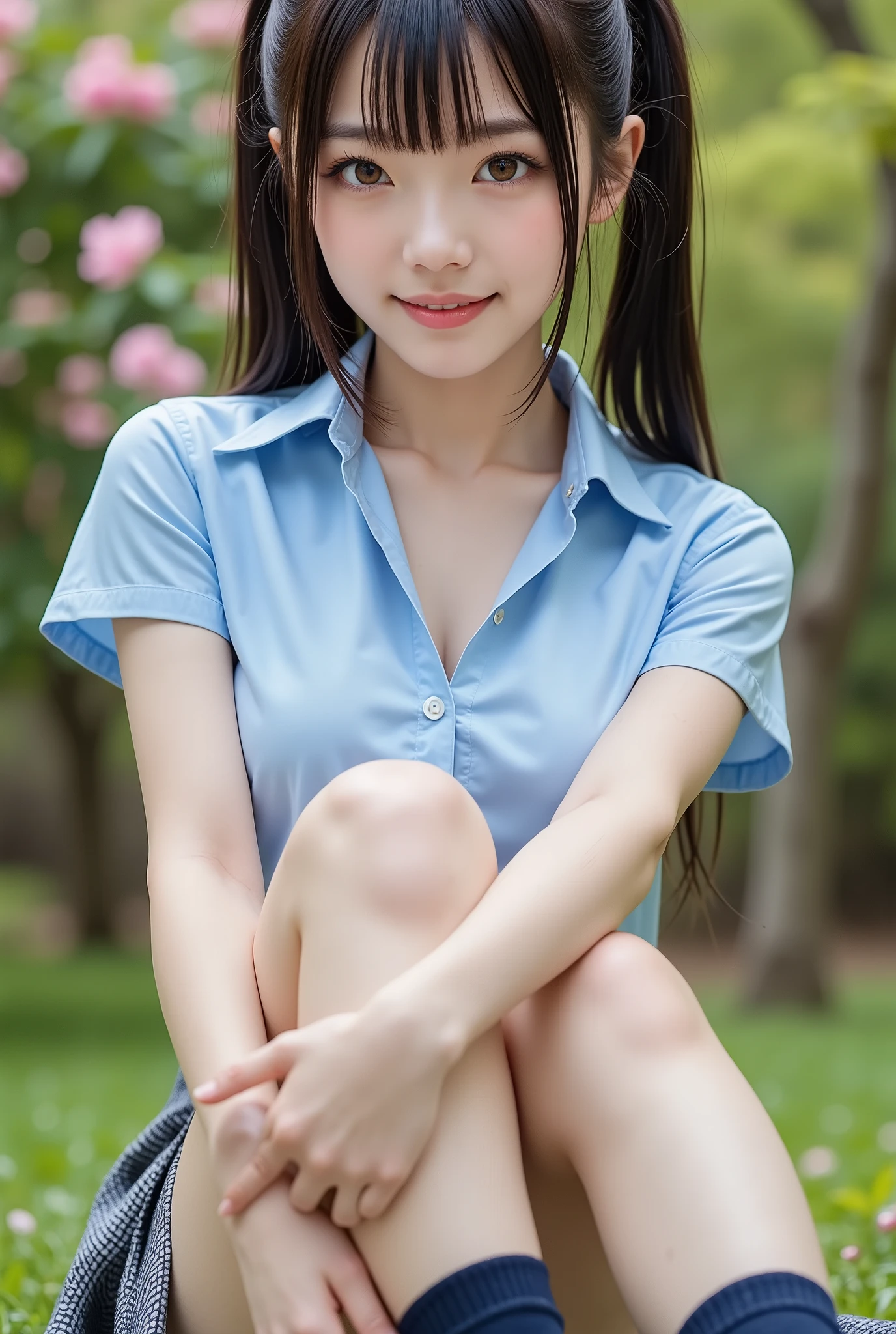 独奏 1人 (8k UHD Raw photography、top-quality、masterpiece:1.45) (Raw photo:1.2), (Photorealsitic) Realistically School Uniform Full Body Smiling Woman Brown Hair Perfect Body Dynamic Pose Camel Toe Half Sitting with Knees Bent and Legs Spread Show White Panties、Functional to show panties by pulling up the skirt、Show white panties、Flip the skirt、Skirt flipping、Roll up the scar by hand、Show underwear park bench