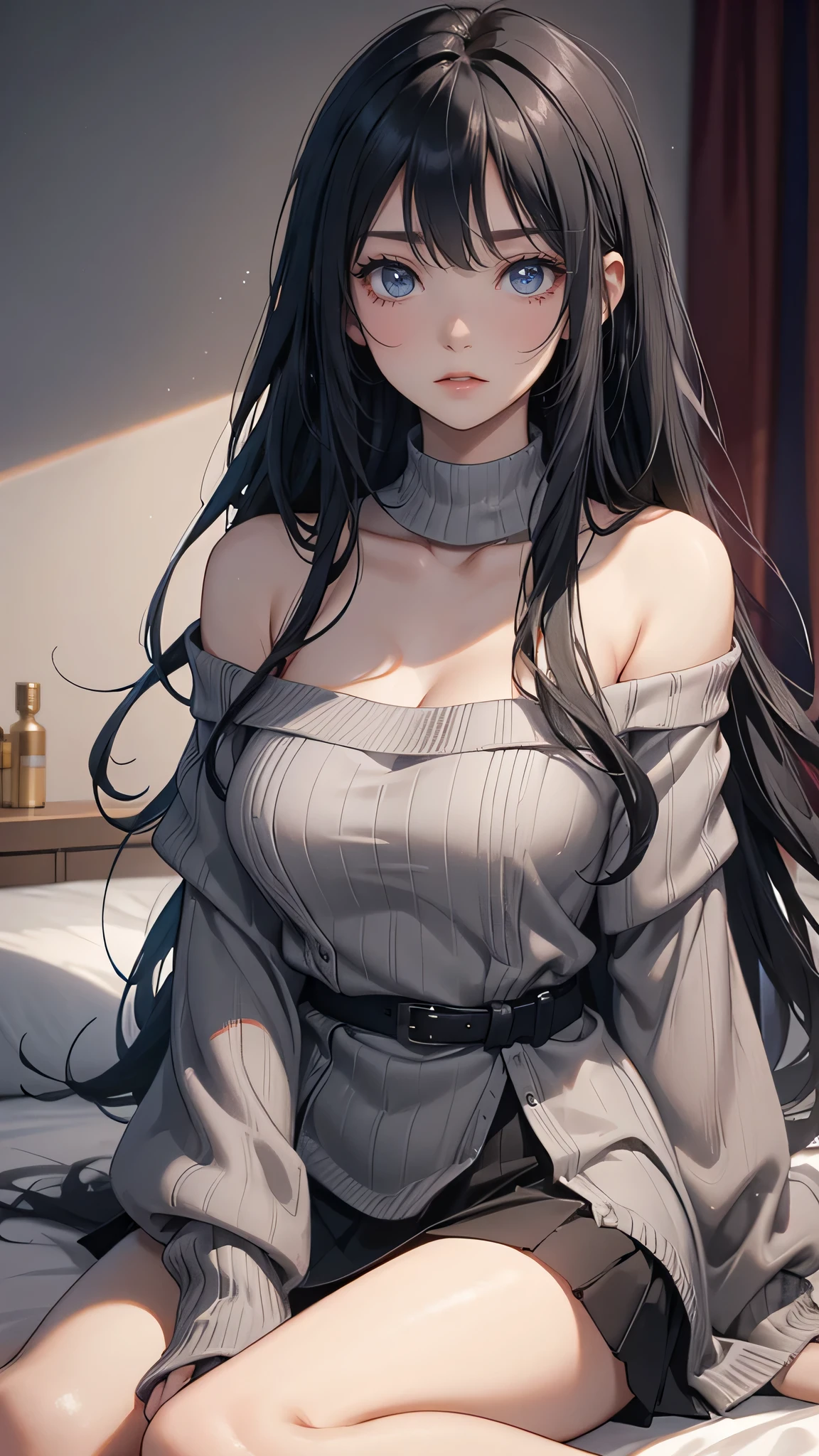 "Cute woman with long straight black hair, bangs, wearing an off-shoulder grey oversized sweater. She is sitting on a bed, her enchanting eyes and parted lips display a seductive and alluring expression, enhanced by a deep blush. She is a hood friend who has undergone a stunning transformation."