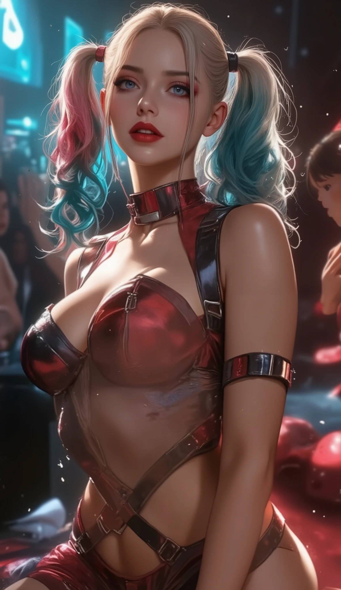 RAW photo, (Random shot, Side view focus,hidden hands), (harleyquin, Big breast , hot body, posing sex, realistic ) random posing, stylish, cool, cute, sexy),