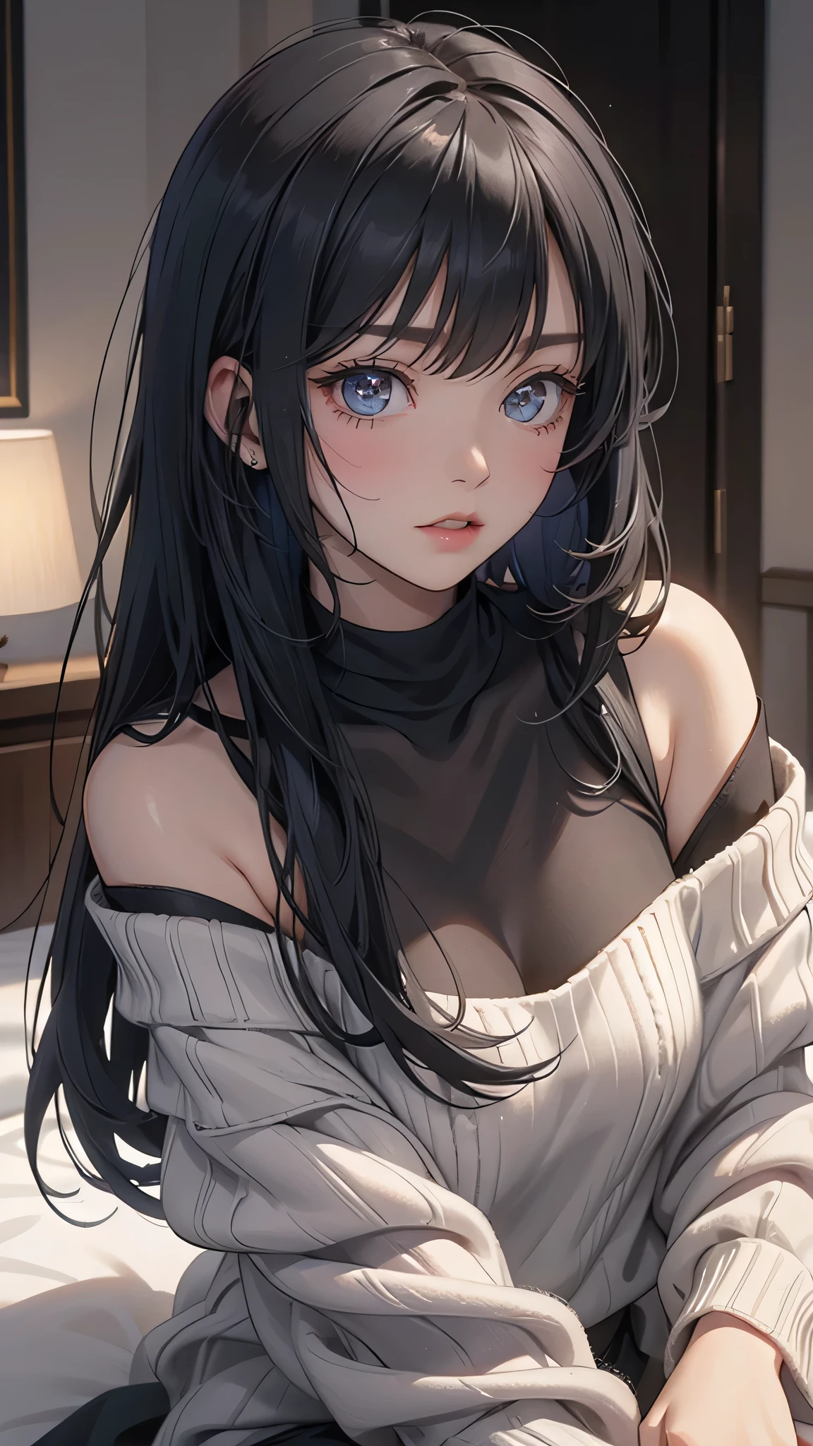 "Cute woman with long straight black hair, bangs, wearing an off-shoulder grey oversized sweater. She is sitting on a bed, her enchanting eyes and parted lips display a seductive and alluring expression, enhanced by a deep blush. She is a hood friend who has undergone a stunning transformation."