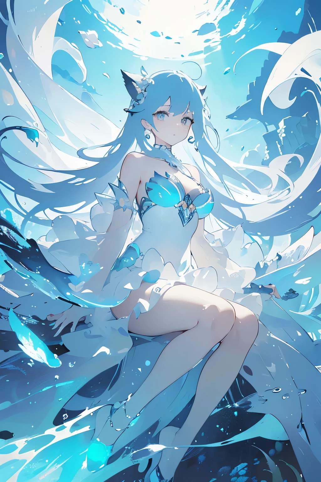 (masterpiece, IMAX cinematic quality:1.3), 
Beautiful face, Cat ears,

A mesmerizing and elegant female ocean guardian reigning over the vast, mythical Ocean Realm. Her form embodies the beauty and mystery of the sea, with shimmering, pearlescent skin that reflects the colors of the deep ocean. Her long, flowing hair moves like seaweed in the current, with hues of teal, sapphire, and silver. Her eyes glow softly like bioluminescent lights, exuding calm yet immense power. She is adorned in a flowing gown made of translucent, water-like fabric that seems to ripple with every movement, embellished with coral patterns, seashells, and luminous pearls.

Around her are loyal marine creatures, each representing the majestic and untamed beauty of the ocean. Gigantic manta rays with glowing patterns glide gracefully in the water, schools of shimmering fish form intricate, swirling shapes, and serpentine sea dragons with glittering scales coil protectively around her. The setting is an underwater paradise with towering coral spires, glowing anemones, and ethereal light filtering through the surface. The entire scene exudes serenity, otherworldly beauty, and the awe-inspiring power of the Ocean Realm, rendered with a painterly and fantastical quality
