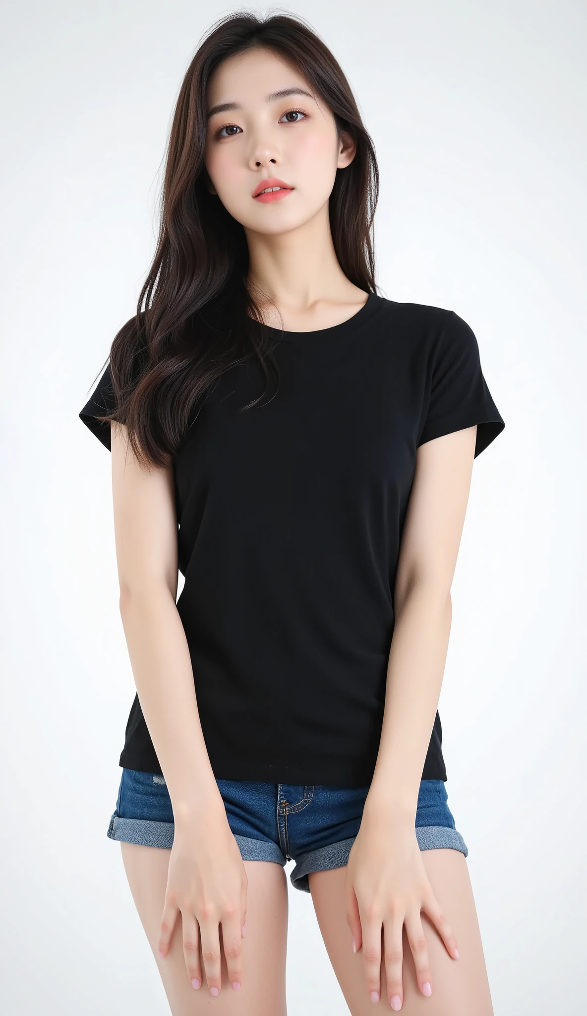 The composition should be perfect, with a smooth, 21th years old female model, front view, sharp focus and oversized blank black color t-shirt texture, The photograph should be in RAW format and capture the realism in 35mm HD resolution (8k), using only natural light.