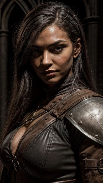 (Highest quality:1.3), cinematic shot, masterpiece, (sharp focus:1.5), (photorealistic:1.3), medium portrait of (a weary-looking but still proud and fierce-looking old Viking warrior, now the leader of his village, dressed in elaborately detailed chain mail and leather armour, a few torches burn on the walls, giving the scene a dark atmosphere but sculpting the forms in sharp chiaroscuro), it is night time, (highly detailed skin), (detailed face), detailed background, dark lighting, twilight lighting, volumetric lighting, intricate details, UHD, realistic hands