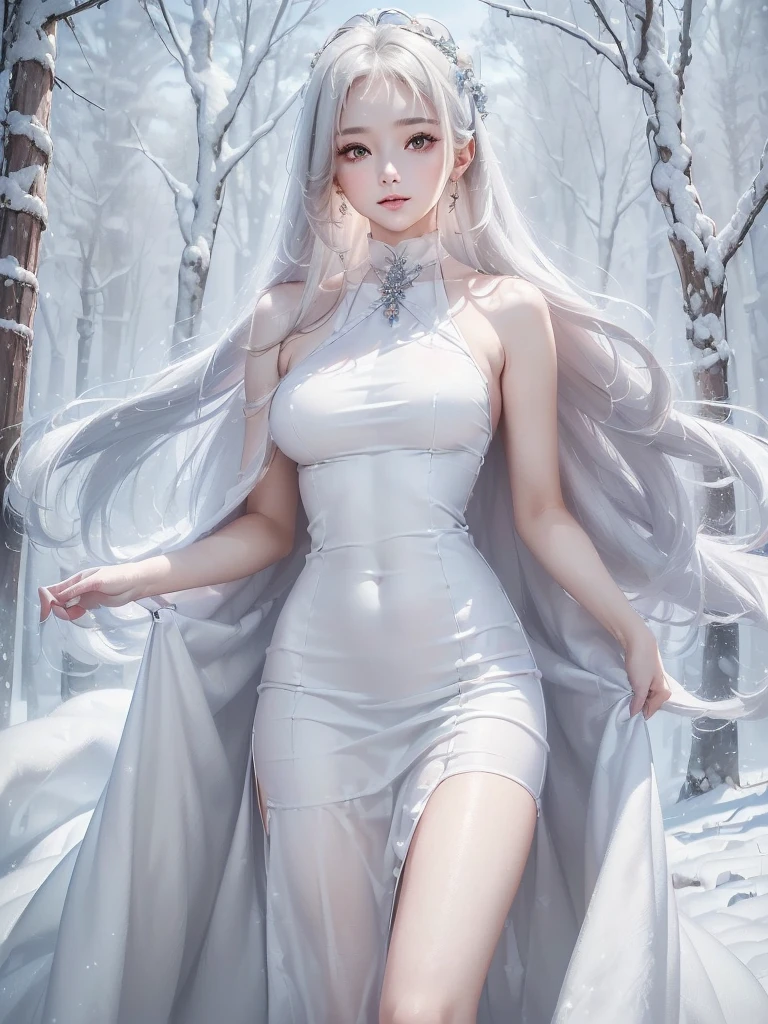 masterpiece、Highest quality、1 girl, winter, white hair, Cute girl, smile, close mouse, medium breasts, white dress, winter clothes, Fur coat、Small waist、Thin legs、outdoors, snow falling, in the forest and 湖