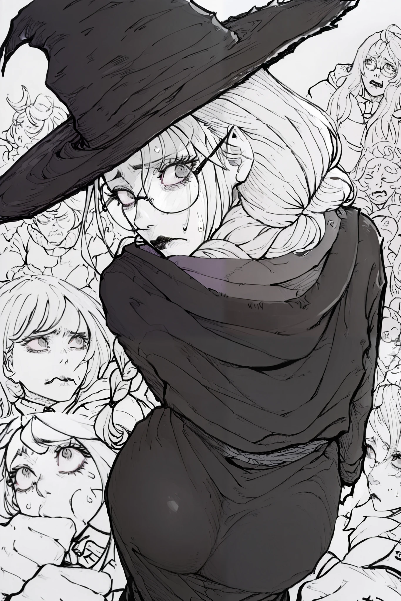 score_9, score_8_up, score_7_up, score_6_up, score_5_up, score_4_up,
BREAK
(masterpiece: 1.0), best quality, perfect anatomy, perfect composition, perfection,
BREAK
line-art, lineart, monchrome, greyscale, masterpiece. kdm style
BREAK
1girl, perplexed expression, nervous expression, round glasses, looking back, from behind, tight clothes, high angle, confused, white hair, long eyelashes, long hair, braid over shoulder, witch hat, witch dress, Cute, black lips, grey eyes