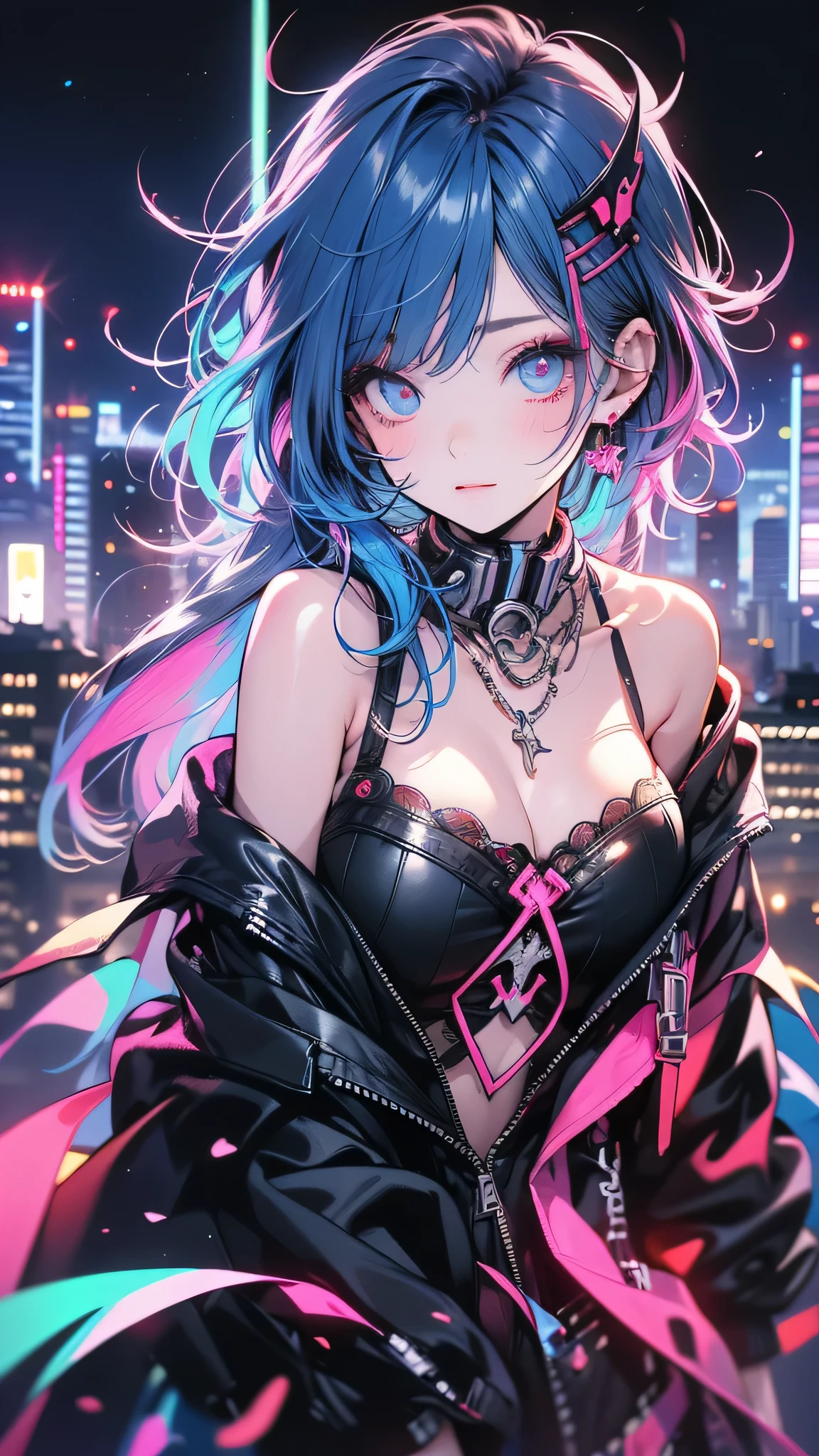 (best quality), (ultrafein), (​masterpiece), Illustration, a girl,Kimono-Costume,cyberpunk, （cyberpunk，Kimono-Costume，Cybernetic implants），Hair Accessories, bright colours，open small breasts, smiling and winking, (pressing her fist together towards the viewer)dynamic lighting，neon lights，shining city skyline，holographic projection，Fashionable clothing of the future，a mix of traditional and modern elements，Avantgardistisches Make-up，exquisite hairstyle，Self-confidence and determination，Urban environment，Heavy rain，Reflection on wet road，Metall Textur，Mechanical Armor, gorgeous accessories，High-Tech-Gadgets，Impressive cybernetic improvements，Clear focus，Grumpy Details, Overclocked rendering, Cinematic edge light, fine light, ​masterpiece, super Details, epic work, Ultra-High-Definition, good quality, 32K