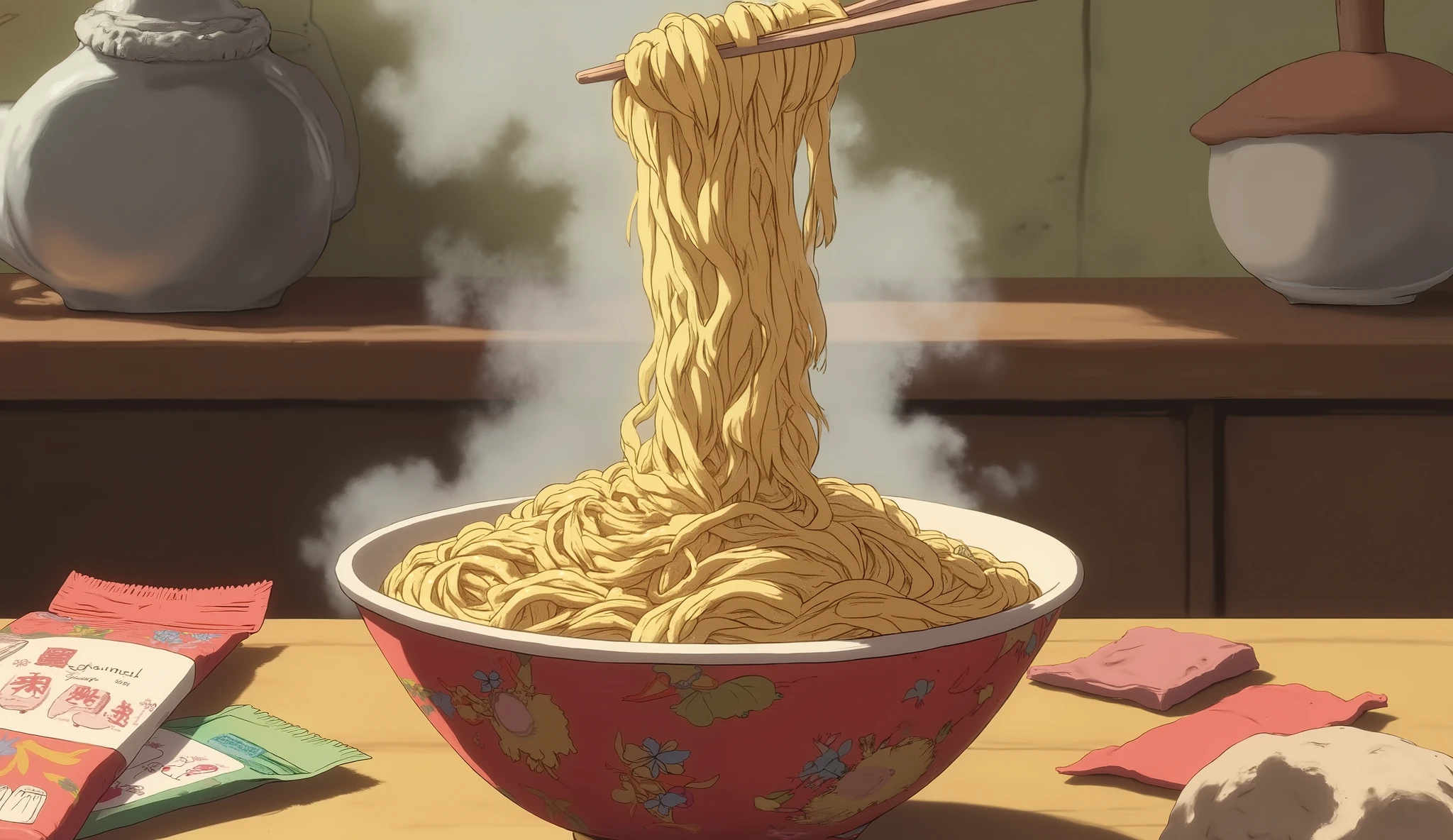 A nostalgic anime-style scene of a steaming bowl of instant noodles in a classic red-and-gold patterned cup. A pair of wooden chopsticks hovers above, lifting noodles out of the bowl. On the table are scattered seasoning packets and a crumpled wrapper. The background shows a small kitchen counter with a rice cooker and a kettle, softly blurred. The lighting is warm and inviting, with delicate steam rising from the noodles.