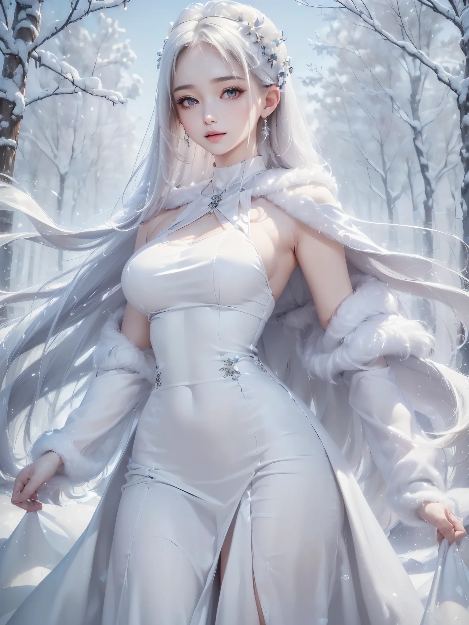 ((masterpiece:1.5、Very detailed、Realistic:1.4, 2.8D illust))((alone、cute, winter girl、halter neck dress, Long skirt, Taking off her fur coat. Detailed face、brightexpression, Whiter skin、medium breasts, Best Looks、Ultimate beauty、white straight hair))(ruins)