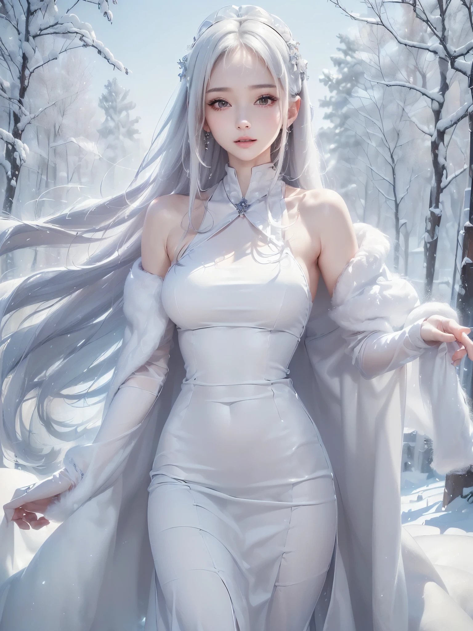 ((masterpiece:1.5、Very detailed、Realistic:1.4, 2.8D illust))((alone、cute, winter girl、halter neck dress, Long skirt, Taking off her fur coat. Detailed face、brightexpression, Whiter skin、medium breasts, Best Looks、Ultimate beauty、white straight hair))(ruins)