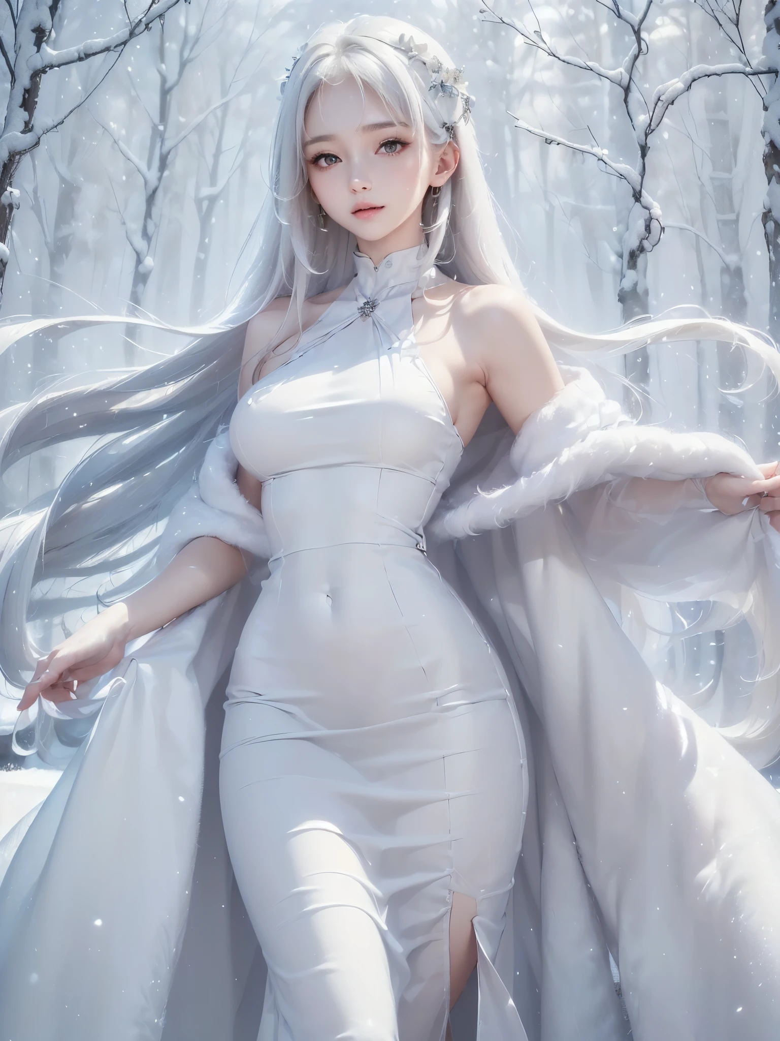 ((masterpiece:1.5、Very detailed、Realistic:1.4, 2.8D illust))((alone、cute, winter girl、halter neck dress, Long skirt, Taking off her fur coat. Detailed face、brightexpression, Whiter skin、medium breasts, Best Looks、Ultimate beauty、white straight hair))(ruins)
