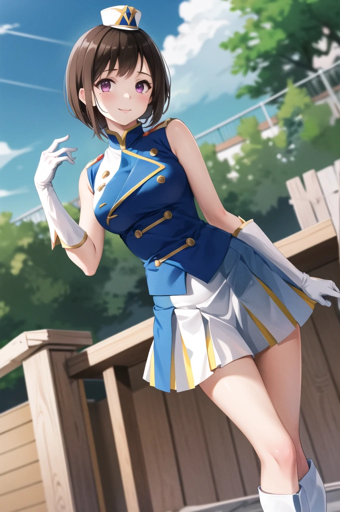 masterpiece, highest quality, highest quality、An illustration、
girl 1、Beautiful eyes with attention to detail、((brown eyes))、small hat、
, chestnut hair, short hair, , have, band uniform, No sleeve, white gloves, pleated skirt, knee boots, cowboy shot, put your hand on your waist, smile, open your mouth, outdoor