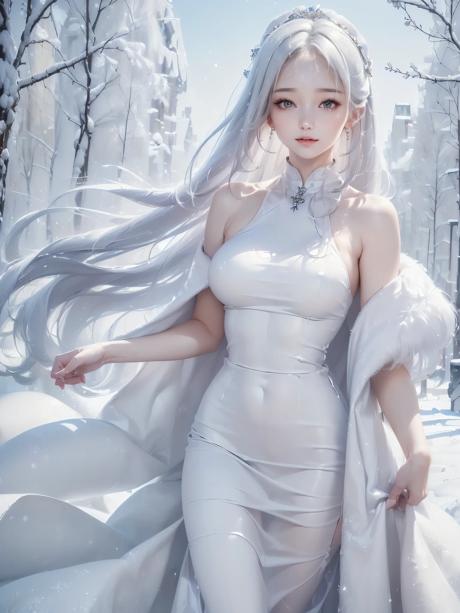 ((masterpiece:1.5、Very detailed、Realistic:1.4, 2.8D illust))((alone、cute, winter girl、halter neck dress, Long skirt, Taking off her fur coat. Detailed face、brightexpression, Whiter skin、medium breasts, Best Looks、Ultimate beauty、white straight hair))(ruins)