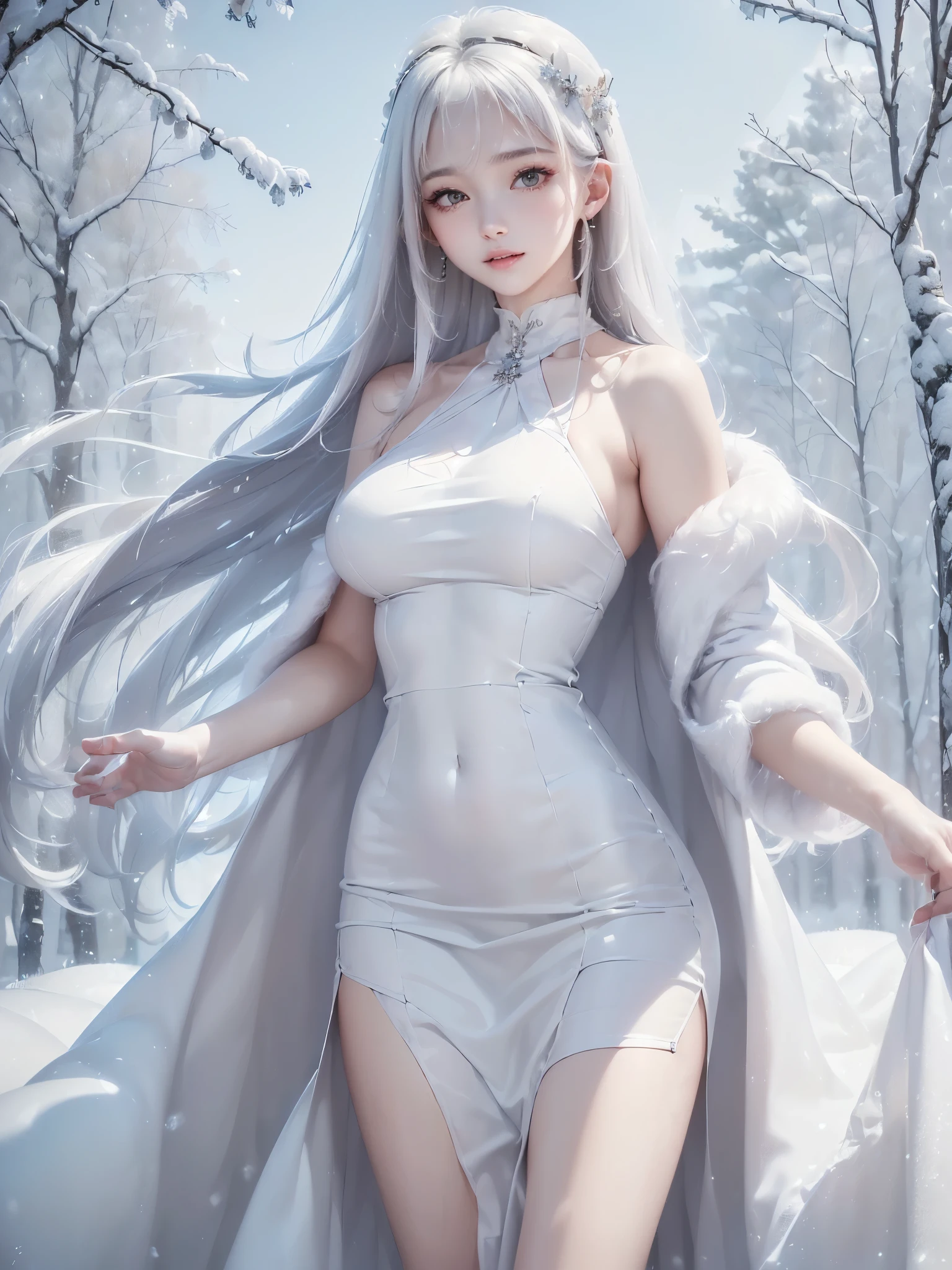 ((masterpiece:1.5、Very detailed、Realistic:1.4, 2.8D illust))((alone、cute, winter girl、halter neck dress, Long skirt, Taking off her fur coat. Detailed face、brightexpression, Whiter skin、medium breasts, Best Looks、Ultimate beauty、white straight hair))(ruins)