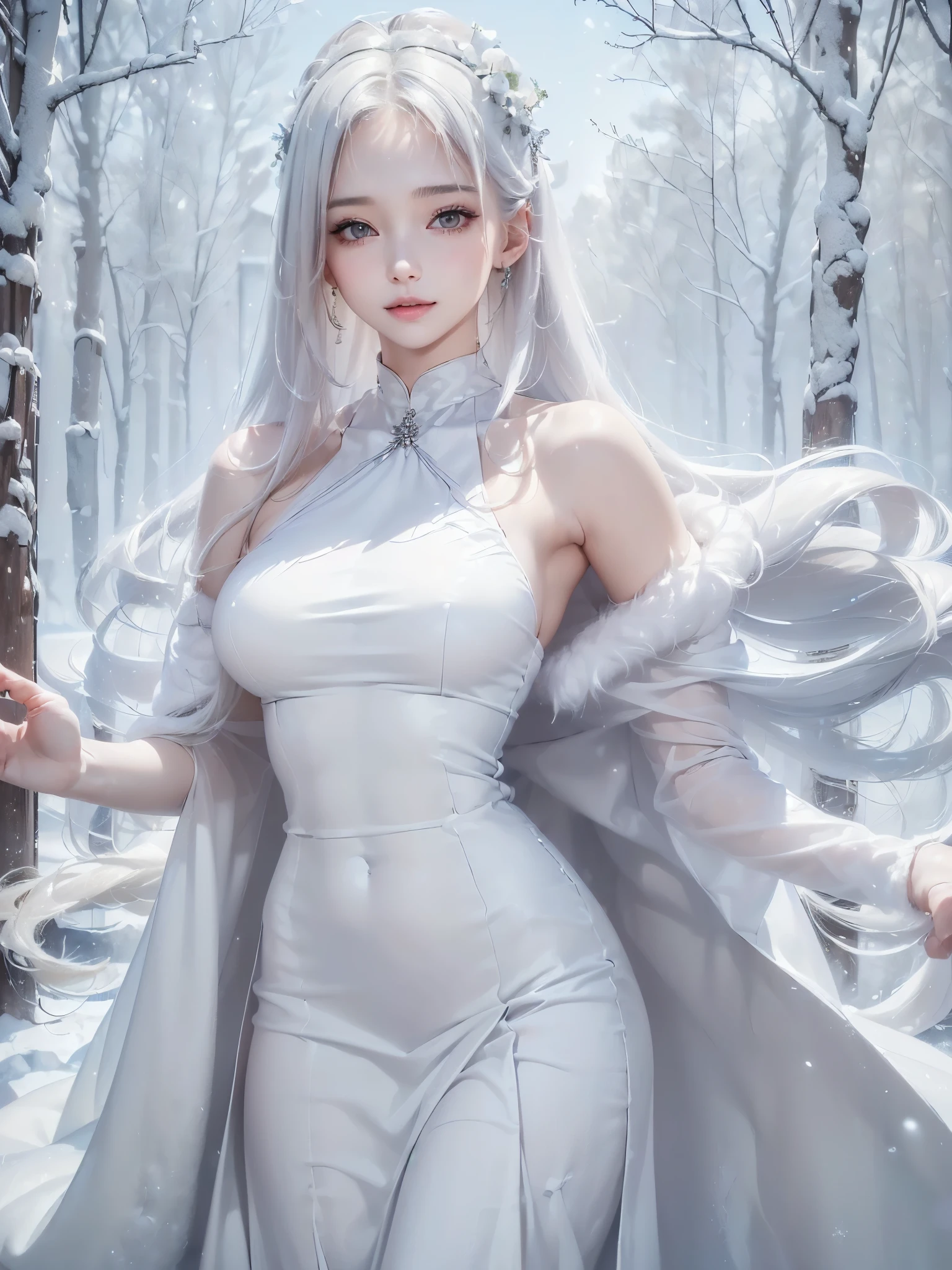 ((masterpiece:1.5、Very detailed、Realistic:1.4, 2.8D illust))((alone、cute, winter girl、halter neck dress, Long skirt, Taking off her fur coat. Detailed face、brightexpression, Whiter skin、medium breasts, Best Looks、Ultimate beauty、white straight hair))(ruins)