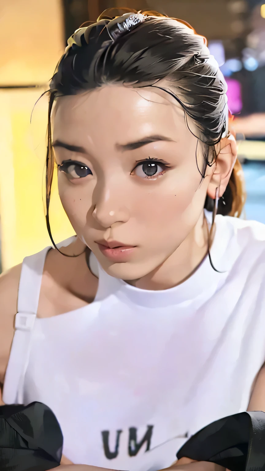 1 Girl, medium boobs, Starry Eyes, (8k, RAW Photos, High sensitivity, best quality, masterpiece, ultra high definition , Realism: 1.25), , ( Very detailed CG Unity 8K wallpaper , best quality, high definition : 1.2), (ultra_ Details, 超 high definition : 1.2), perfect lighting, personal , ( 1 Girl: 1.4), ( cute girl: 1.2), Unreal Engine , side lights, Gray Hair, purple eyes, perfect face, Detailed face, perfect body, beautiful eyes , Facial beauty, (Light Skin: 1.4), Idol, (whole body), See-through t-shirt, transparent,