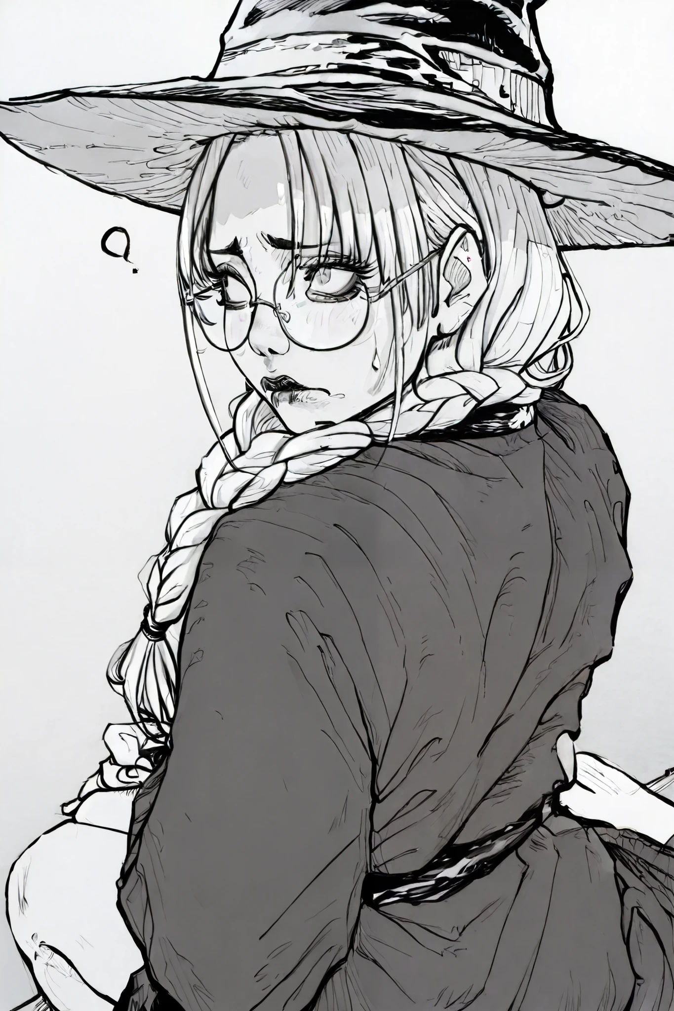 score_9, score_8_up, score_7_up, score_6_up, score_5_up, score_4_up,  
BREAK
(masterpiece: 1.0), best quality, perfect anatomy, perfect composition, perfection, 
BREAK
line-art, lineart, monchrome, greyscale, masterpiece. kdm style, no color
BREAK
1girl, perplexed expression, nervous expression, round glasses, looking back, from behind, tight clothes, high angle, confused, white hair, long eyelashes, long hair, braid over shoulder, witch hat, witch dress, Cute, black lips, grey eyes