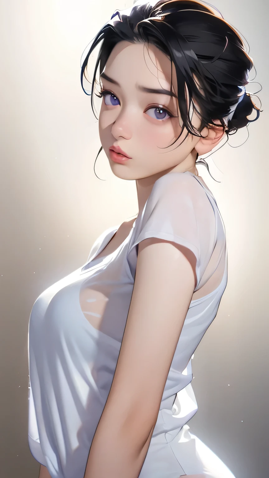  1 Girl,  medium boobs, Starry Eyes, (8k,  RAW Photos, High sensitivity,  best quality, masterpiece, ultra  high definition ,  Realism: 1.25), , ( Very detailed CG Unity 8K wallpaper ,  best quality,  high definition : 1.2), (ultra_  Details, 超 high definition : 1.2),  perfect lighting,  personal , ( 1 Girl: 1.4), ( cute girl: 1.2),  Unreal Engine ,  side lights, Gray Hair,  purple eyes,  perfect face,  Detailed face,  perfect body,   beautiful eyes ,  Facial beauty, (Light Skin: 1.4), Idol, (whole body), See-through t-shirt, transparent,