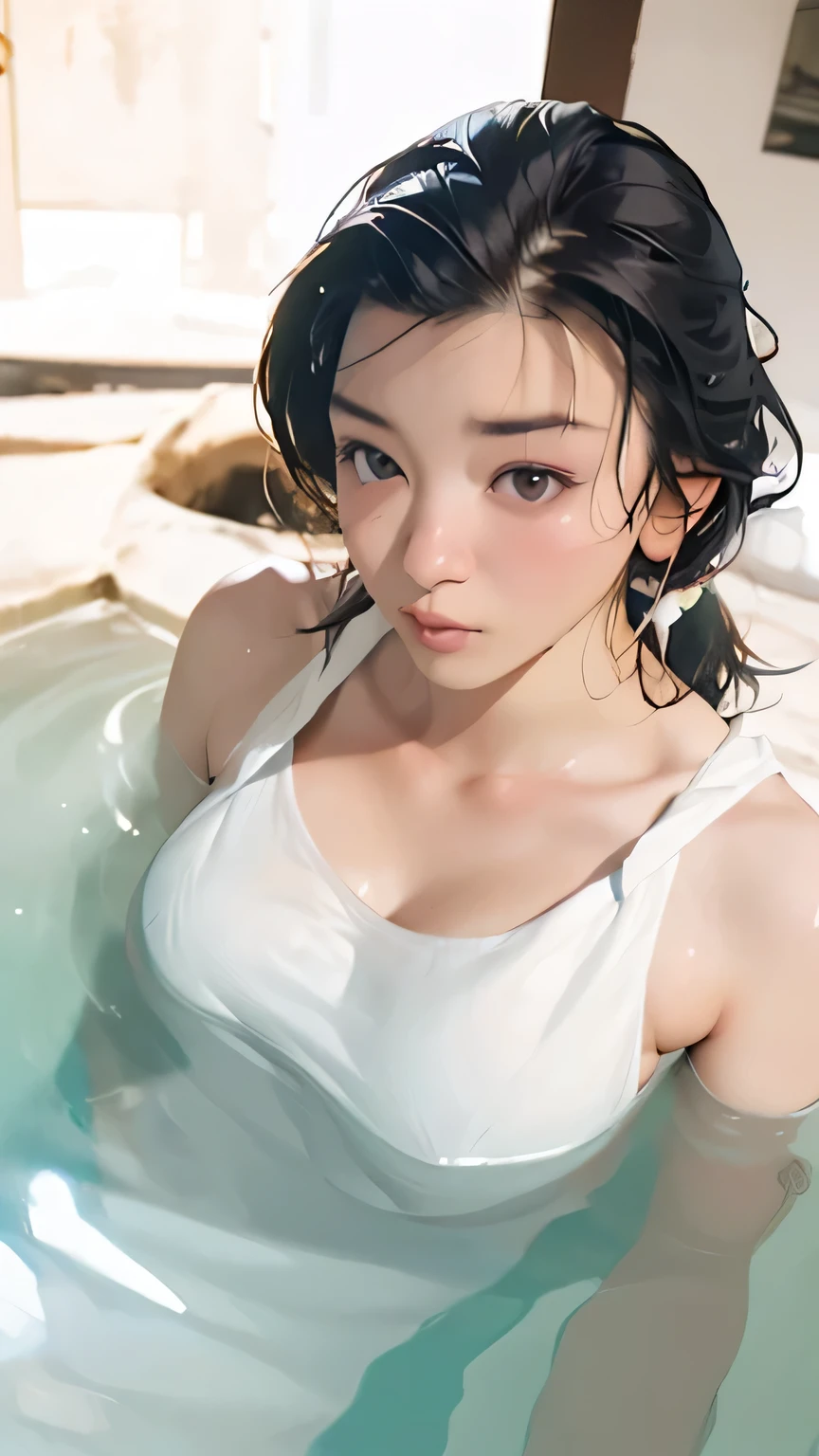 8k, highest quality, super high resolution, 1 female, 1980s pop culture anime style, 21 years old, (masterpiece, high resolution, detailed), Japanese shortcut,, D cup (photorealistic): 1.4), ( famous Japanese actress: 1.2), very beautiful, cute, professional photo, one girl, in the bath,, delicate and beautiful face, various hairstyles, crisp breasts, uneven buttocks, white T-shirt, Nipples are perfect, no panties on, perfect balance, bathroom, steam, bathtub, movie lighting, film grain, Fuji color, contrast between light and dark, 8k, masterpiece, textured skin, super detail, high detail, high quality, high resolution,