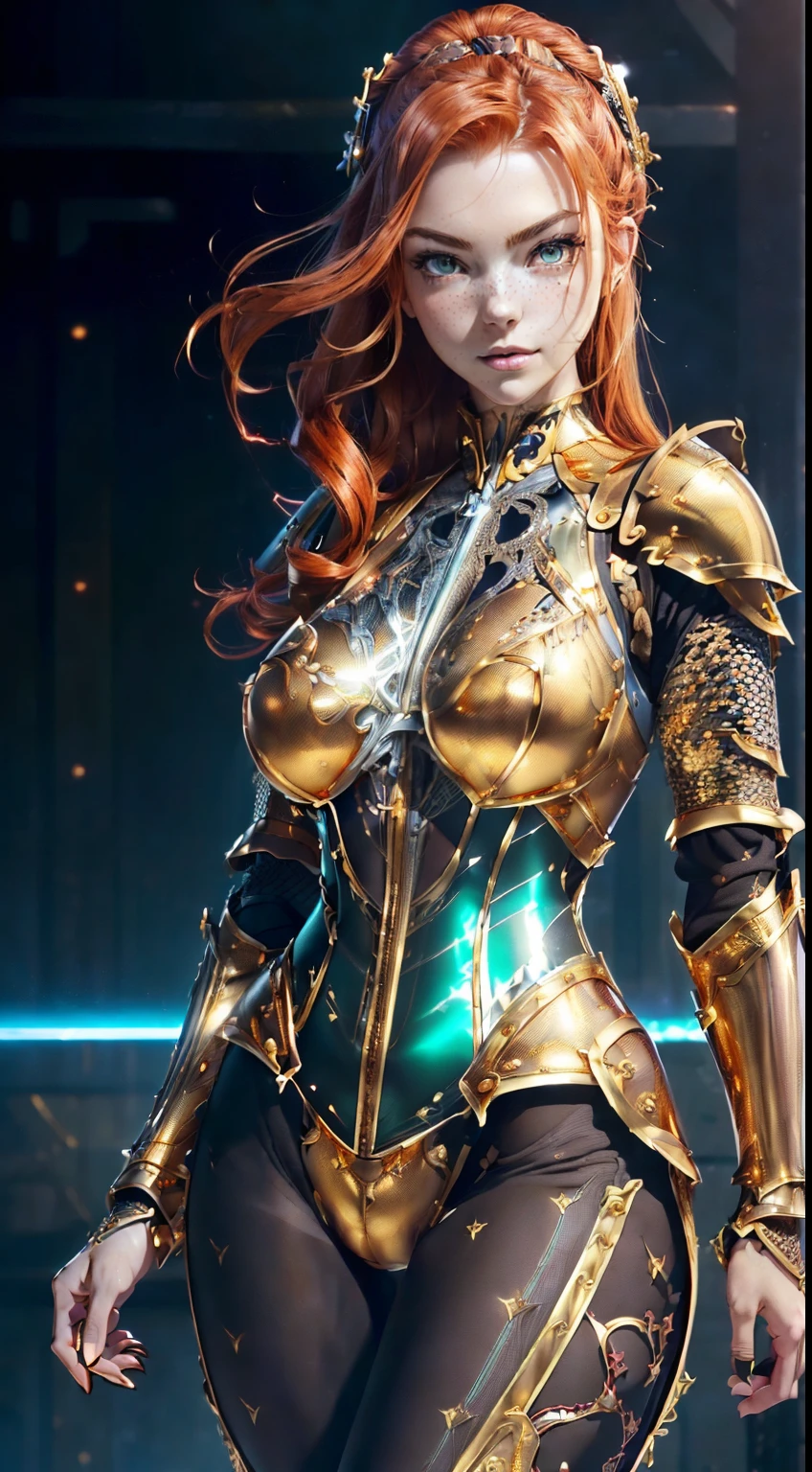 Hot Sexy Girl wear Copper Spiky Bikini Armor with Electric Aura, Full Body