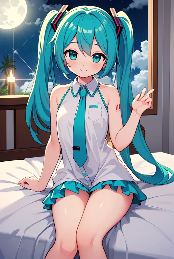 (masterpiece:1.4、Highest quality、shape:1.4,Realistic、)、(One Girl),(Clear Face:1.3),(Miku hatume),Cute face,blue eyes、(Big eyes)、
,(stand:1.4),(A radiant smile),
,(thin),(),
(Fluorescent light green long hair:1.6,,),(Twin tails), (Small breasts:1.3)、
、thin、Hatsune_Miku_Blue Archive、Sexy pose、Sailor suit、、uniform、bed、Bedroom、Are sleeping、Thighs