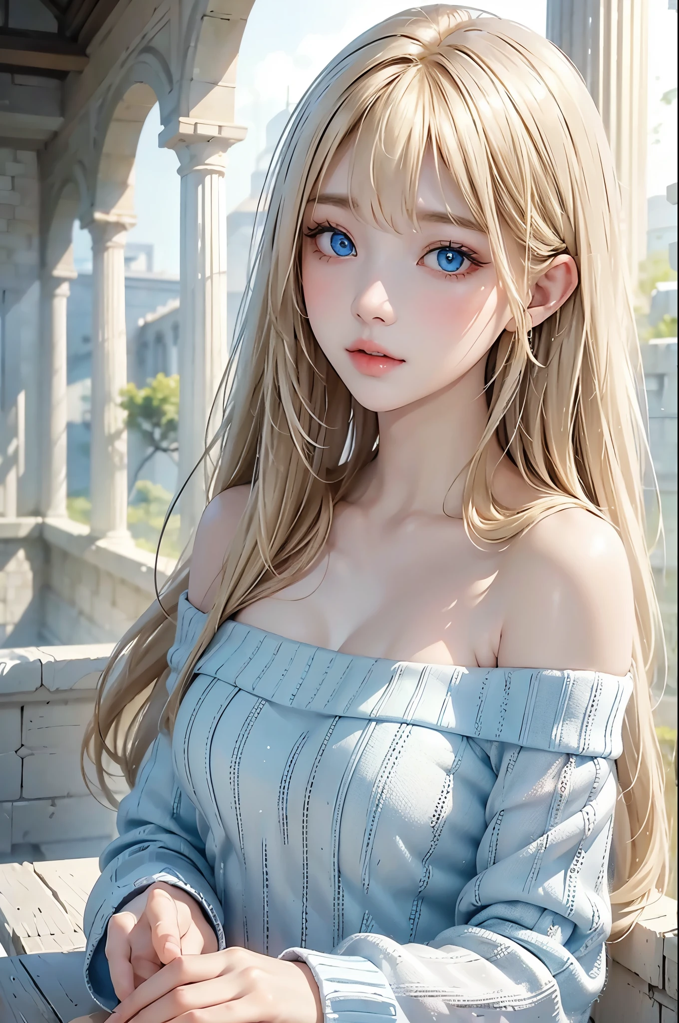 Beautiful white and shining skin、Blonde hair changes color depending on how the light hits it.、Long bangs obstruct the view、Highlights of cheek luster、Sexy, very beautiful, adorable, cute, gorgeous face、The most beautiful face in the world、Super long and gorgeous blonde hair、Smooth straight hair、big, light blue eyes shimmering、Beautiful Bangs、Beautiful and cute *********** girl、small breasts, from side, Off-the-shoulder knit sweater、background:GB, ruins