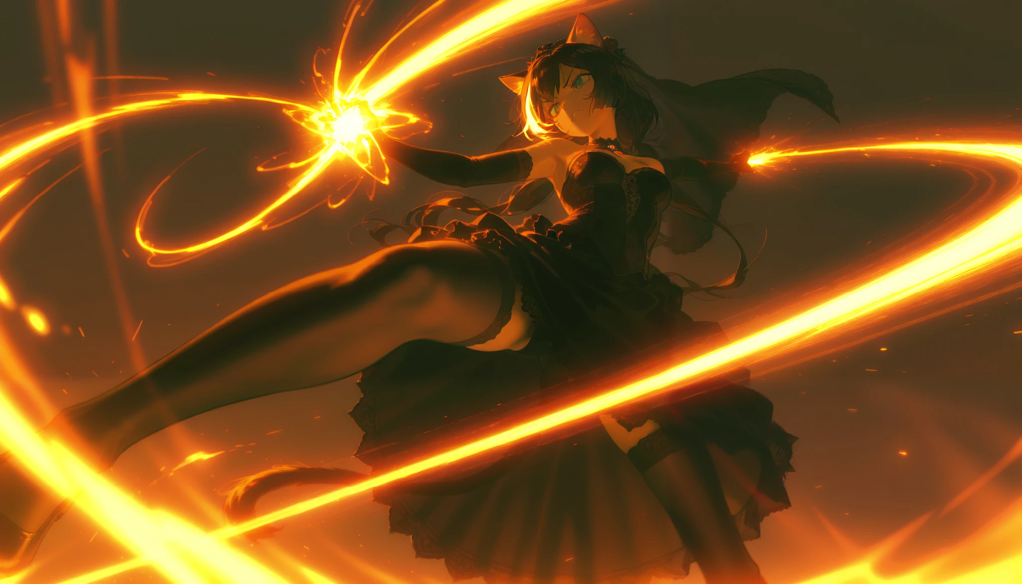 ***** girl, hour glass figure, perfect body, holding a glowing spear, wearing black thigh high socks 