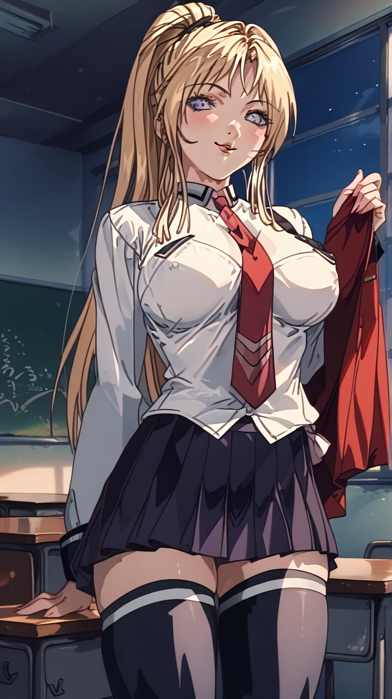 long hair, cleavage, navel, slim legs, blonde hair, skirt, Kitagawa marin, school uniform, class