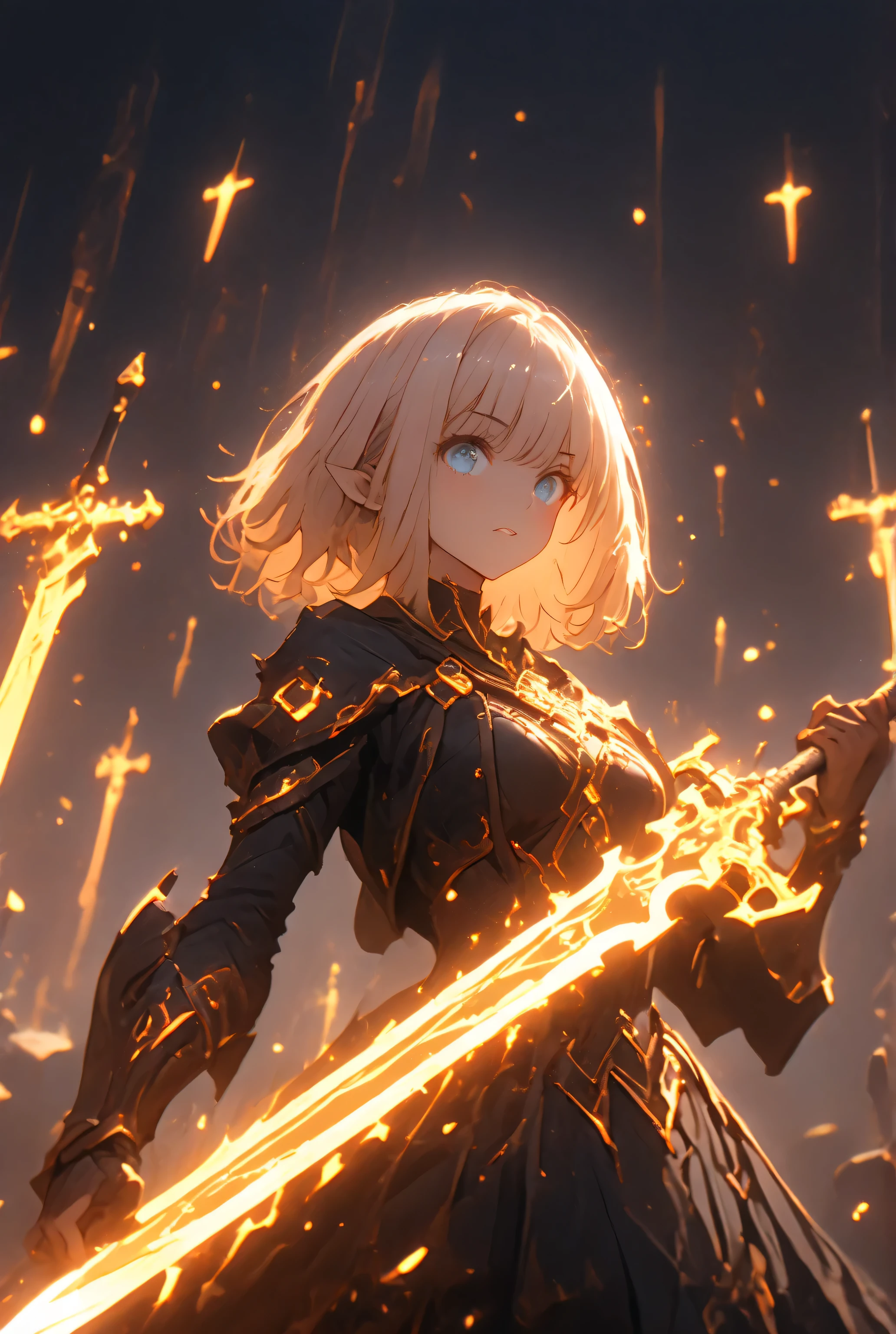 The dynamic scene captures,
the instant energy sparks as a woman with pink short hair and blue eyes,
launches a thrusting attack with a great sword that is covered in black flames,
The black flames surrounding her greatsword give it an eerie glow,dark fantasy, sword dance,