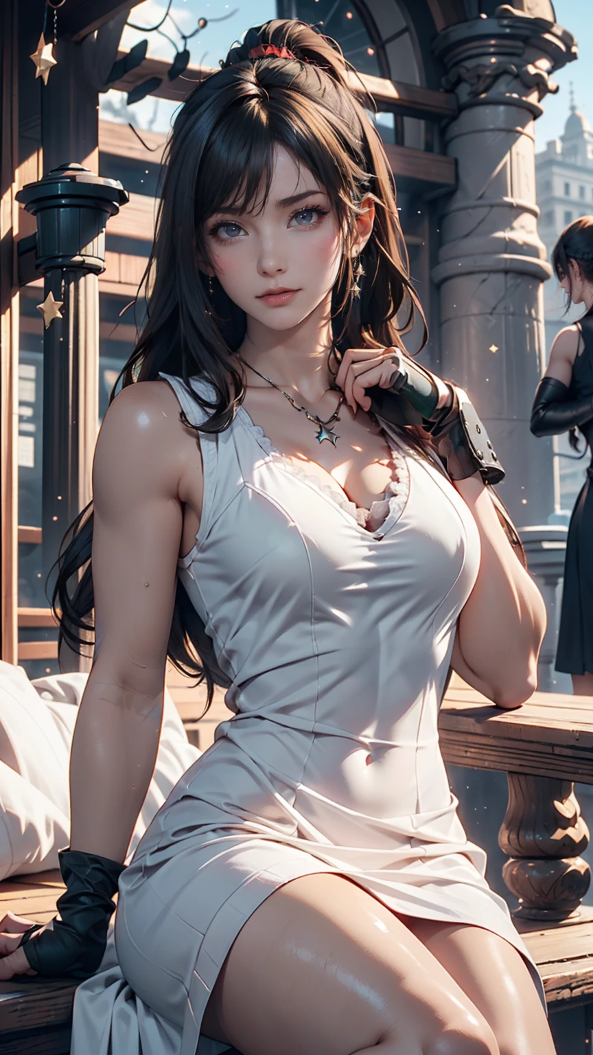 Black Hair, Short Ponytail, Fuji frame, Angel Halo, Devil horns, Variegated eyes, Pointed Ears, smile, Young people, Conceptual Art, realism, Chiaroscuro, Anatomically correct, Textured skin、Black tank top with logo、Lower milk visible、Navel visible、lace wristband、lacy black choker、Leather Hot Pantules、Destroyed and abandoned city ruins background(Collapsed Building、Plants are overgrown、Ivy-covered exterior wall)、Cowboy Shot