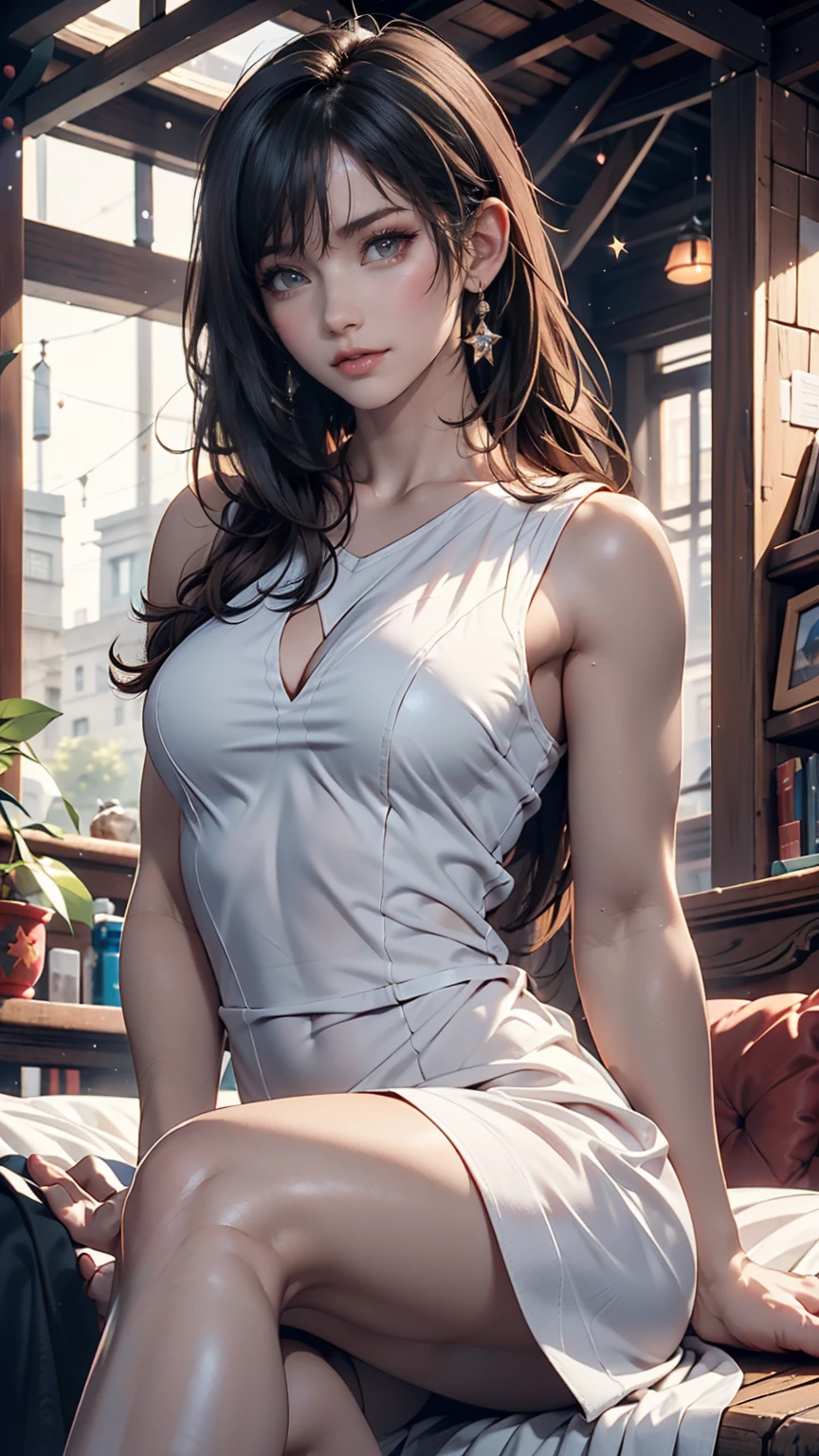 photoRealistic, Lip gloss, Painting, Realistic, Highest quality, Ultra-high resolution, depth, pastel colour, Natural Shading, Focus on the face, Face only, View your viewers, Long Hair, hair accessory, Black Hair, Brown, well-detailed eyes, dress