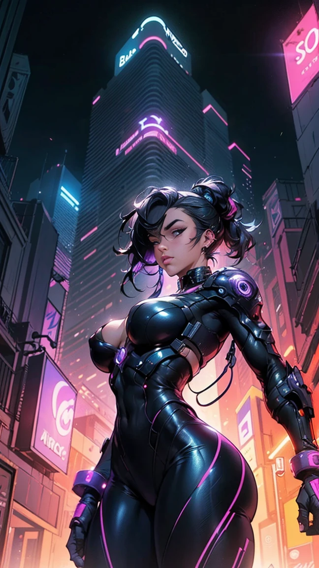 ExtraArms,(masterpiece, best quality:1.2, Detailed Face), solo, makeup,twintails,yellow eyes,black hair,pale skin, purple armor,black bodysuit,humanoid robot,robot joints,Robot mask,covered navel,