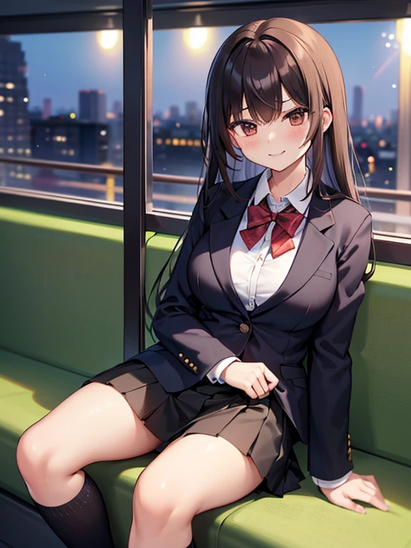 (1) A woman is sitting alone on a long seat on a train. she spreads legs and black lace panties.
She shows her black lace panties to the person in front of her.
(2) She is a high school girl, She is wearing a uniform consisting of a miniskirt, blazer, and loose socks..
(3) she has medium length brown hair.
(4) Her expression is provocative and grinning.
(5) The location is the long seat of the train at night.. There are no other customers.