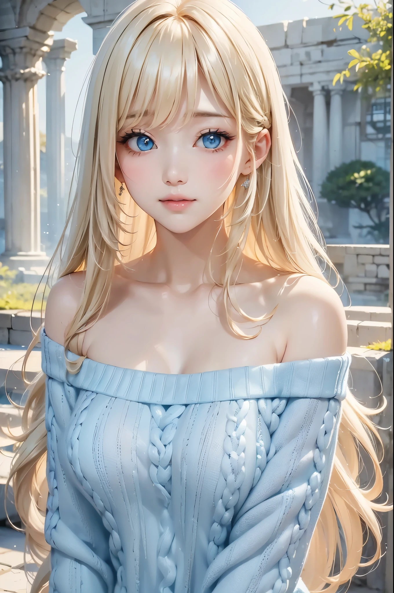 Beautiful white and shining skin、Blonde hair changes color depending on how the light hits it.、Long bangs obstruct the view、Highlights of cheek luster、Sexy, very beautiful, adorable, cute, gorgeous face、The most beautiful face in the world、Super long and gorgeous blonde hair、Smooth straight hair、big, light blue eyes shimmering、Beautiful Bangs、Beautiful and cute *********** girl、large breasts, from side, Off-the-shoulder knit sweater、background:GB, ruins
