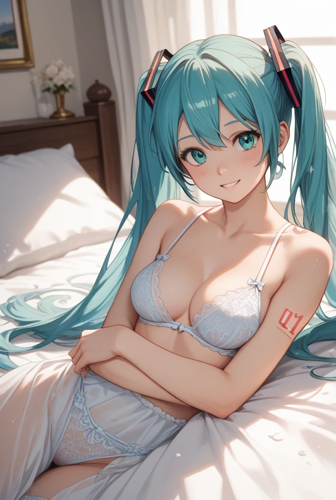 miku hatsune、highest quality、beautiful mature woman、one girl、short bob、Loosening the perm、young features、cute panties、underwear、not wearing anything、I can see my pants、Selfie style、smile gently、realistic textured skin