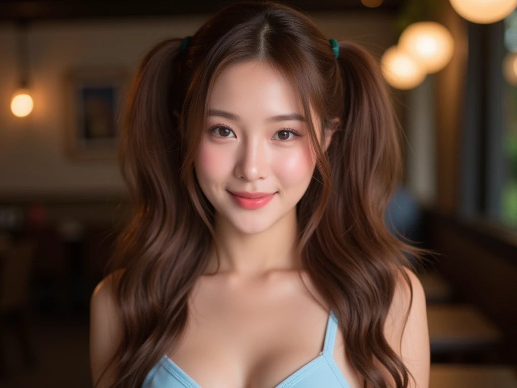 Prompt : Thai young woman, long brown hair, twin tails, light blue bra, closed up shot, large breasts, red lips, cafe backgroundความละเอียดสูง, ผมสีน้ำตาล, ยิ้ม, ร้านอาหารตอนกลางคืน