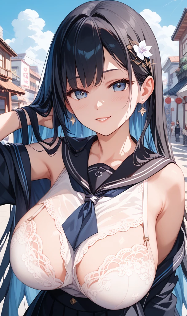 1womanl,Black hair,14years ,(()),Beautiful breasts,(((sexy white and blue shiny cheongsam)))(())(((Blushing cheeks、Smile with open mouth)),(((Satin Narico))),((( portlate))),Crowds,white and blue cheongsam