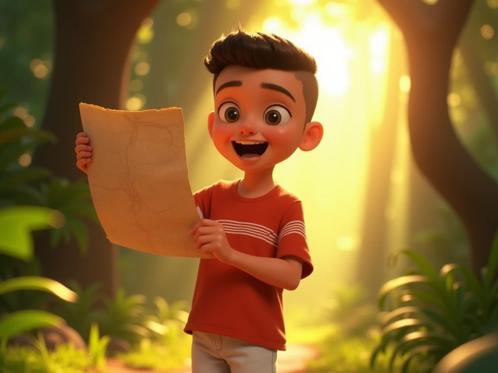 Kaba, a boy, taper haircut, black hair, excited expression, a simple shirt with white stripes, red, simple jeans pants, white, holding a worn map, surrounded by thick trees and glowing sunlight, 3D Pixar Animation Style.