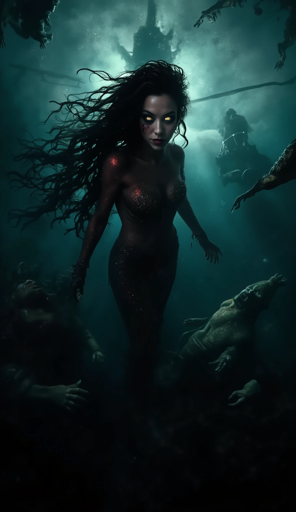 (best quality, 128k,highres,masterpiece:1.2),ultra-detailed,(realistic,photorealistic,photo-realistic:1.37), ((masterpiece)) ((photography)) ((Highest quality)) A single mermaid in a dark, eerie underwater scene. She has long, flowing black hair and hauntingly pale skin, her scales shimmering in deep shades of crimson and black. Her piercing eyes glow faintly, exuding a mysterious and ominous aura. Behind her, a ship is sinking into the abyss, its broken mast and tattered sails silhouetted against the faint, dying light from the surface. Around her, sailors are struggling and suffocating underwater, their faces twisted in desperation as air bubbles escape. The water is thick with shadows, and a sense of dread fills the scene, enhanced by drifting debris and ghostly marine creatures circling in the murky depths.