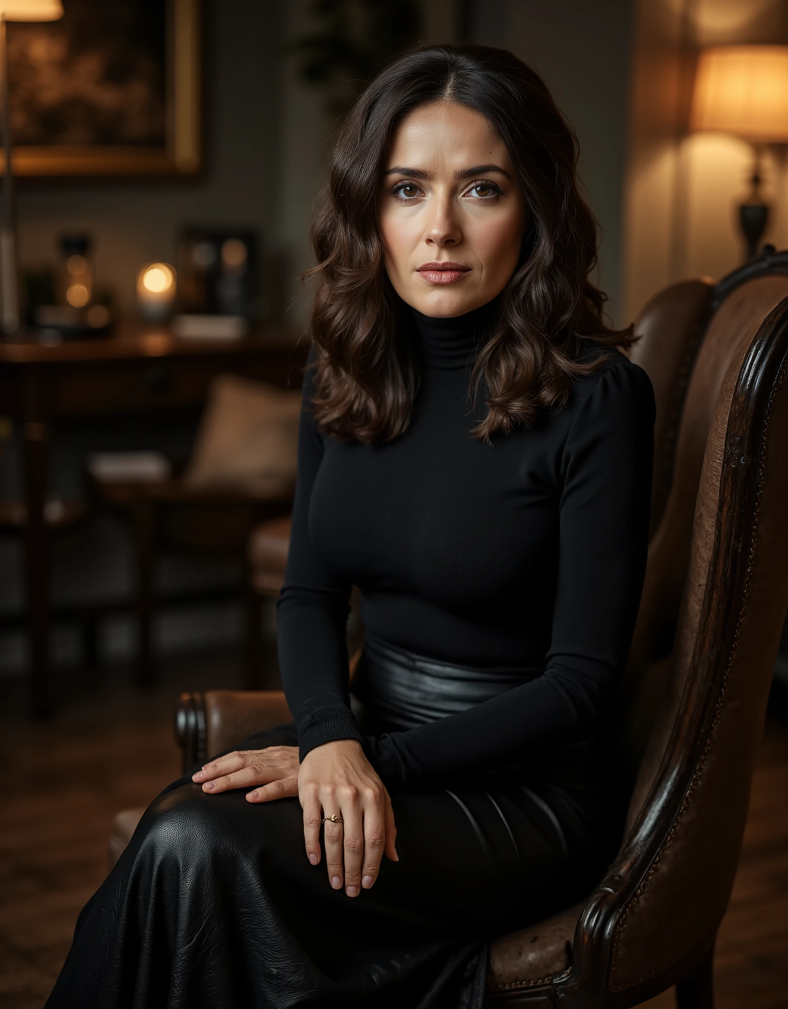 She poses in a photo studio. She is sitting on a chair and wearing a turtleneck leather shirt and a full length leather maxi skirt. The lights are towards her. It's very realistic. Portrait photo. beautiful eyes, perfect quality, 8k, noise, 8k uhd, dslr, ultra high quality image, film grain, Fujifilm XT3,
 