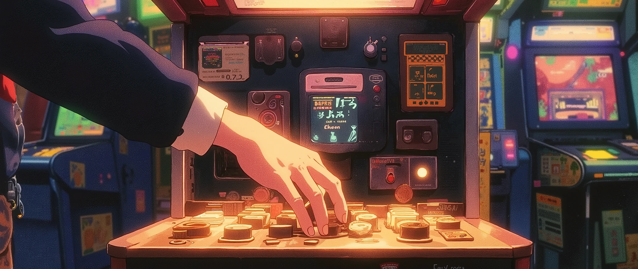 A nostalgic anime-style illustration of a brightly lit arcade machine, with bold colors and glowing screens. A hand reaches out to insert a gold token into the slot, while a few tokens are scattered on the machine's console. The background shows rows of other arcade machines, their lights and screens creating a colorful blur. The mood is energetic and fun, with glowing neon lighting and reflective surfaces.