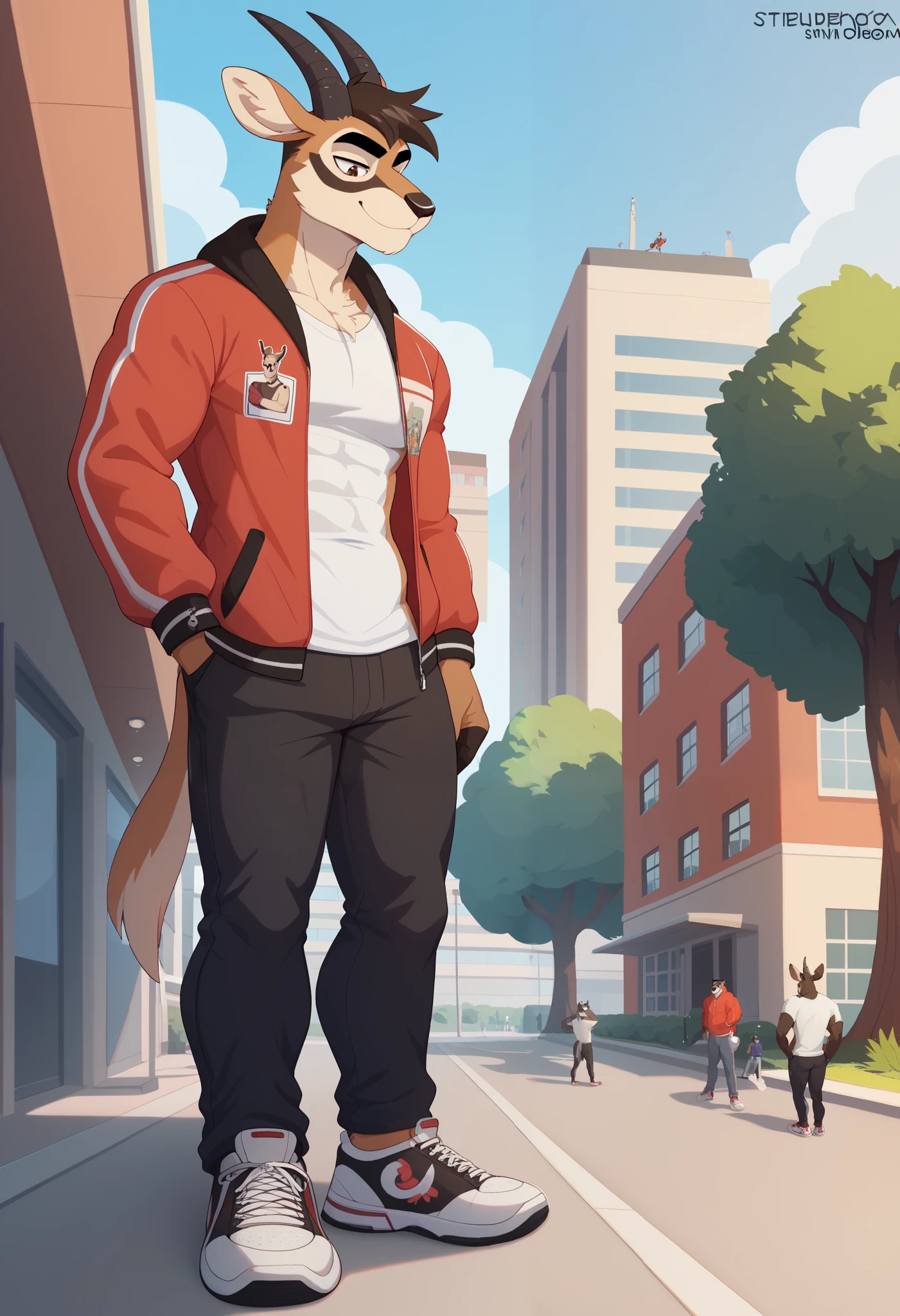 Scribble Springbok antelope face,furry(Springbok antelope), athletic, slim, ( black eyebrows :1.1),(perfect eyes), fur,alone,(artist:takemoto arashi),(jock:1.3), standing, Sneakers,( Black beard :1.3),(Civil :1.3, College jacket, t-shirt, pants) Springbok antelope (Massiv:3.0, ( heavyweight , strong,Macro, Emphasize, stands next to buildings,)), background (( university campus )),