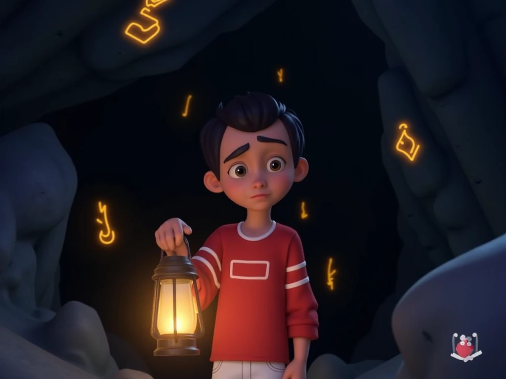 Kaba, a boy, taper haircut, black hair, slightly fearful expression, a simple shirt with white stripes, red, simple jeans pants, white, holding a lantern in a dark cave, jagged rocks with faint glowing symbols, 3D Pixar Animation Style.