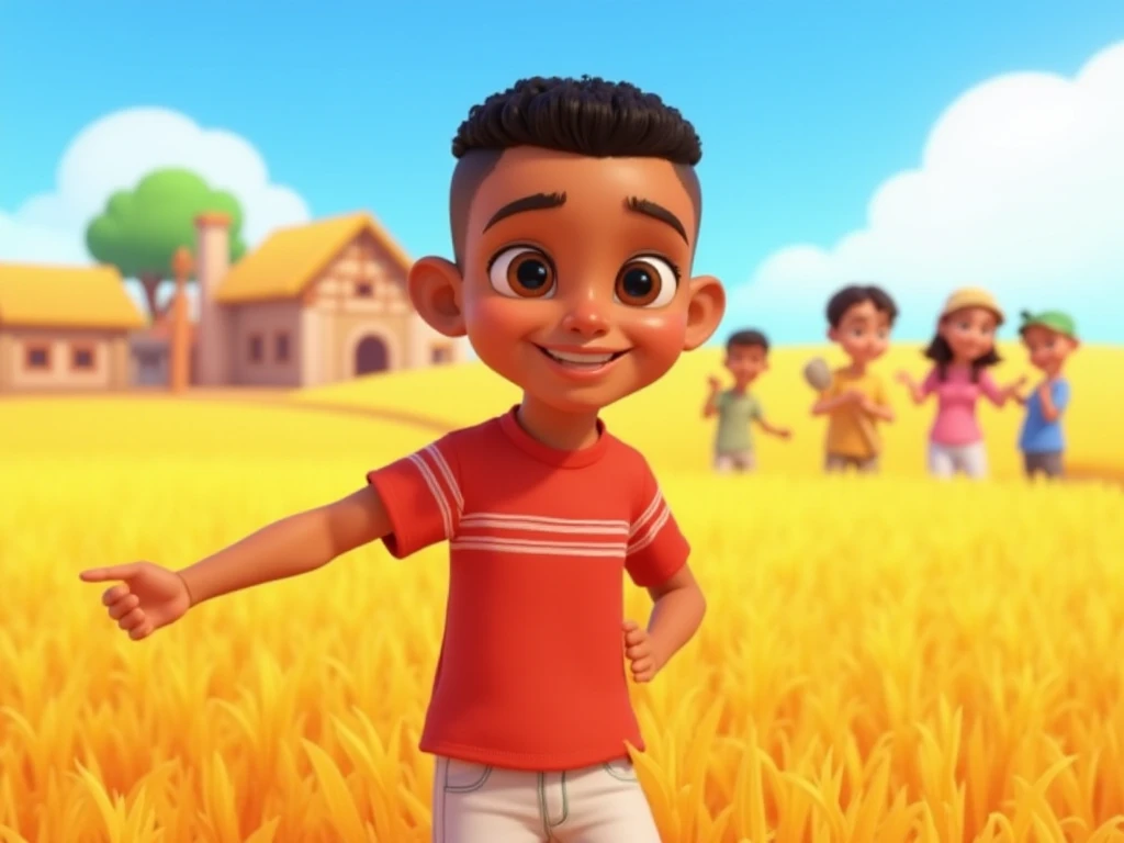 Kaba, a boy, taper haircut, black hair, happy and proud, a simple shirt with white stripes, red, simple jeans pants, white, planting seeds with villagers in a golden field, under a bright blue sky, 3D Pixar Animation Style.