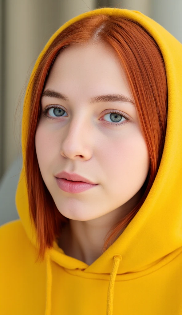 18 year old girl with straight red haired and big blue eyes, 1girl, pure white skin, clean skin, clean face, , realistic face, real face, neutral looking, no smile, she wearing yellow hooded, hood up, realistic face details, masterpiece, high angle from above, side profile, Portrait, Three Quarter Photo, instagram, f/1.2 lens, focus to eye, extreme close up,
