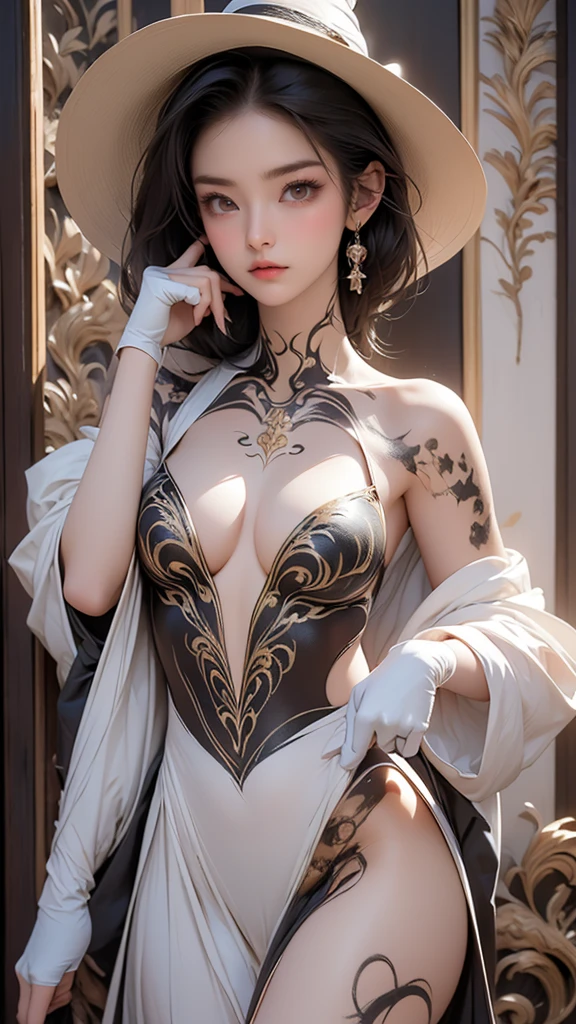 The elegance of yesteryears. a moment frozen in time. A striking conceptual of an ethereal tattooed beauty, draped in rich fabrics, captured with the timeless allure of Art Nouveau., cinematic, 3d render, illustration, conceptual art